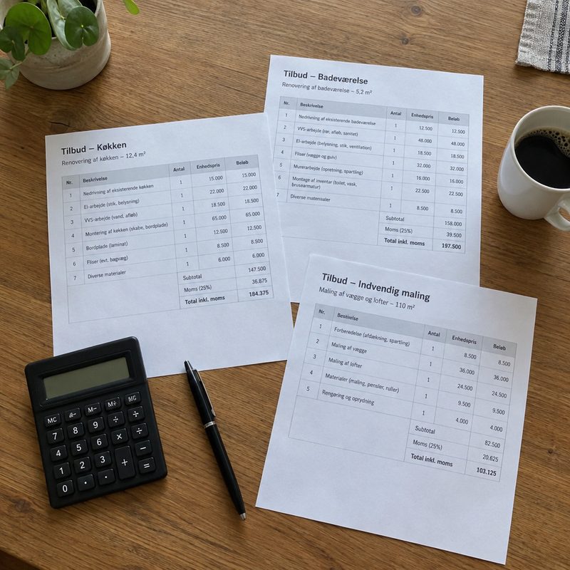 Bord med totalentreprisetilbud, lommeregner og kontrakter klar til fradragsopgørelsen